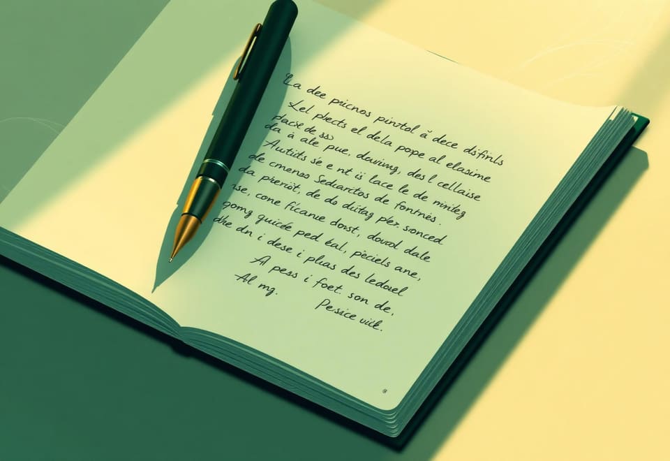 Caderno aberto com redação manuscrita e caneta